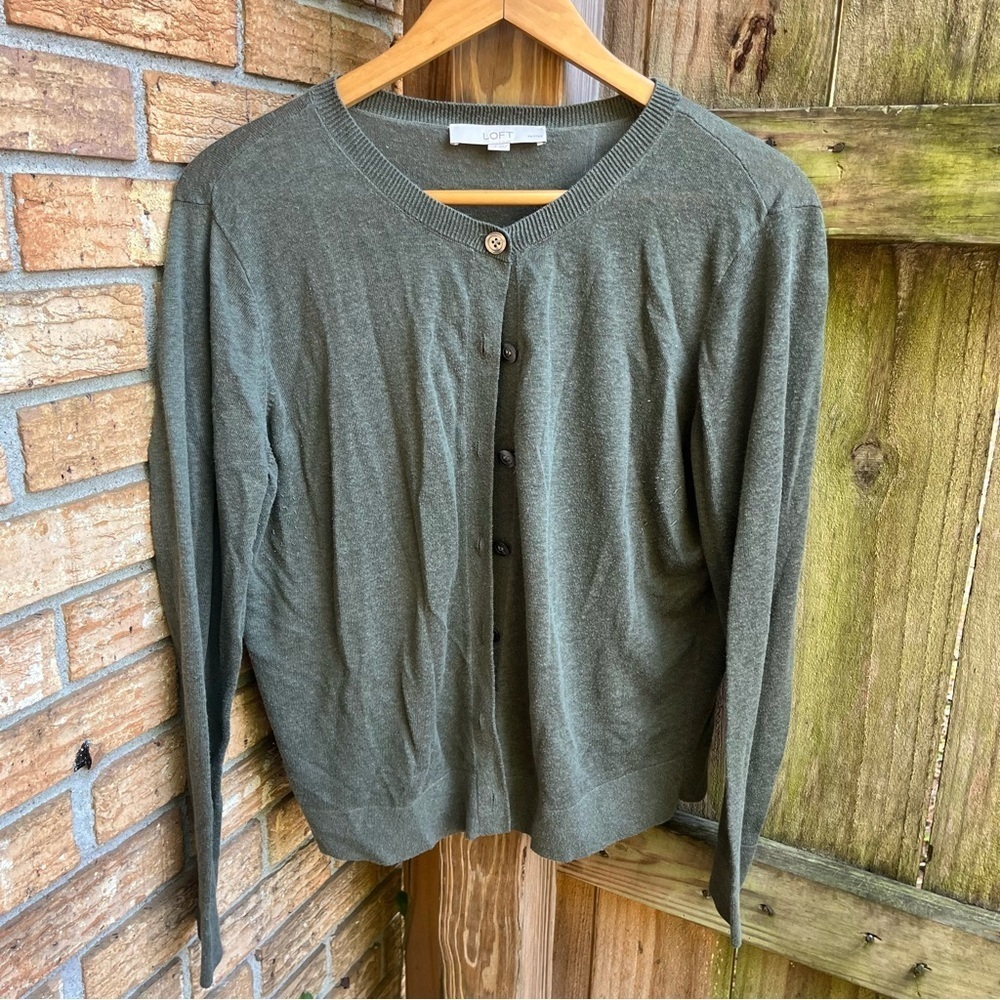 LOFT Linen Blend Forest Green Knit Cardigan